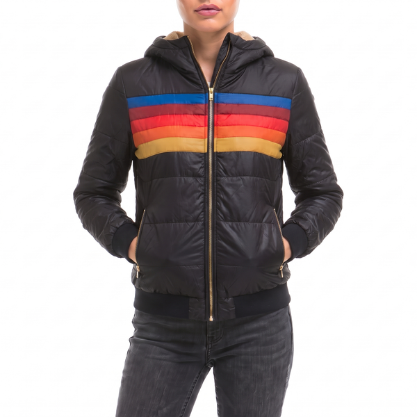 Aspen Retro Stripe Hooded Puffer Jacket in Black - front view with rainbow chest stripes and gold zipper