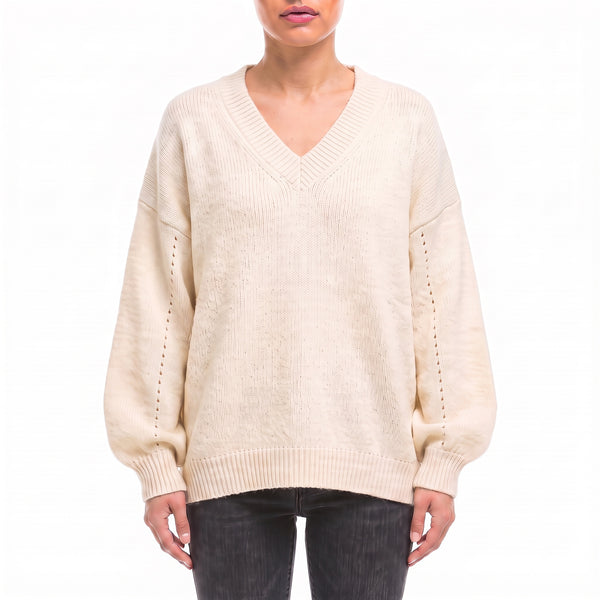 Harper Oversized V-Neck Knit Sweater in Off-White - front view with wide ribbed V-neck and balloon sleeves
