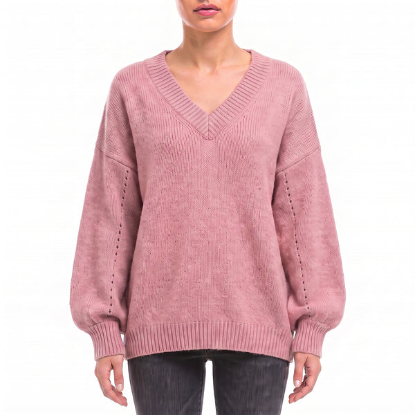 Harper Oversized V-Neck Knit Sweater in Pink - front view with wide ribbed V-neck and balloon sleeves