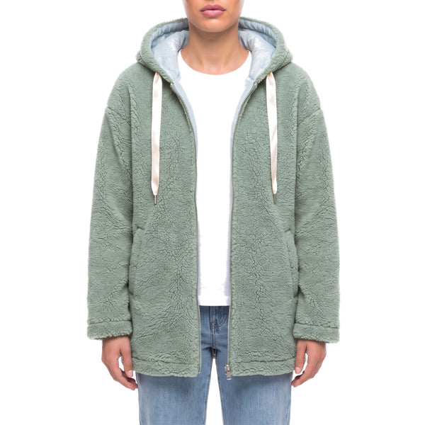 Juniper Sherpa Hooded Jacket in Sage Green - front view worn open over a white tee