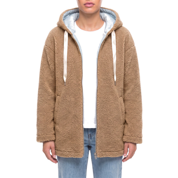 Juniper Sherpa Hooded Jacket in Khaki - front view worn open over a white tee