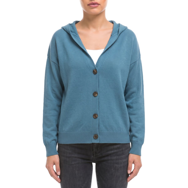 Willow Hooded Knit Cardigan in Teal Blue - front view, buttoned, with hood