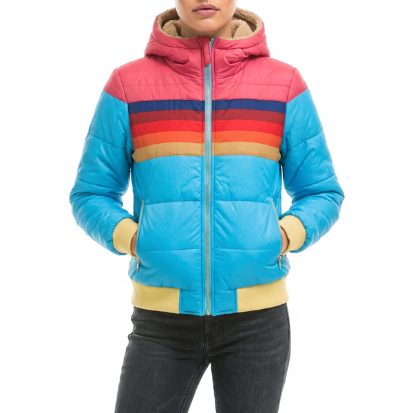 Aspen Retro Stripe Hooded Puffer Jacket in Blue - front view, sky blue with red hood, rainbow chest stripes and yellow rib-knit cuffs