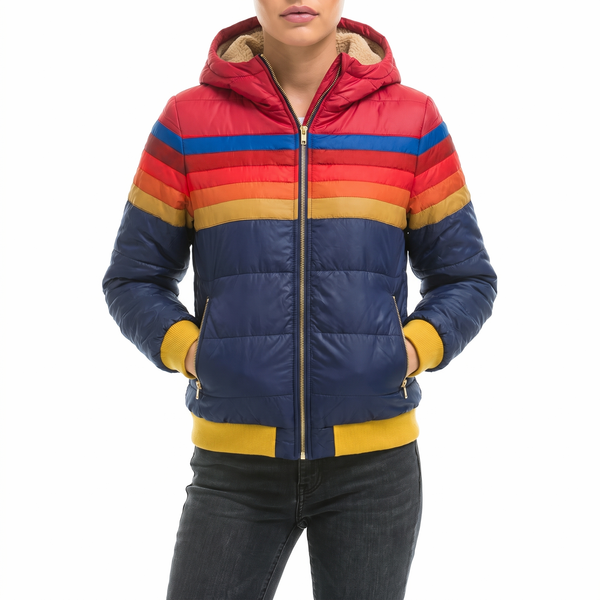 Aspen Retro Stripe Hooded Puffer Jacket in Navy Blue - front view, navy with red hood, rainbow chest stripes and yellow rib-knit cuffs