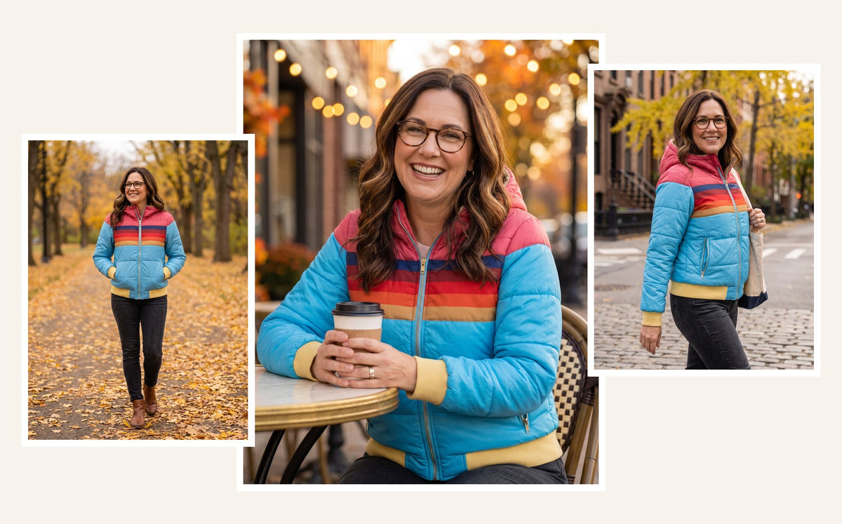 Three fall looks with the Aspen jacket: park walk, coffee, city street