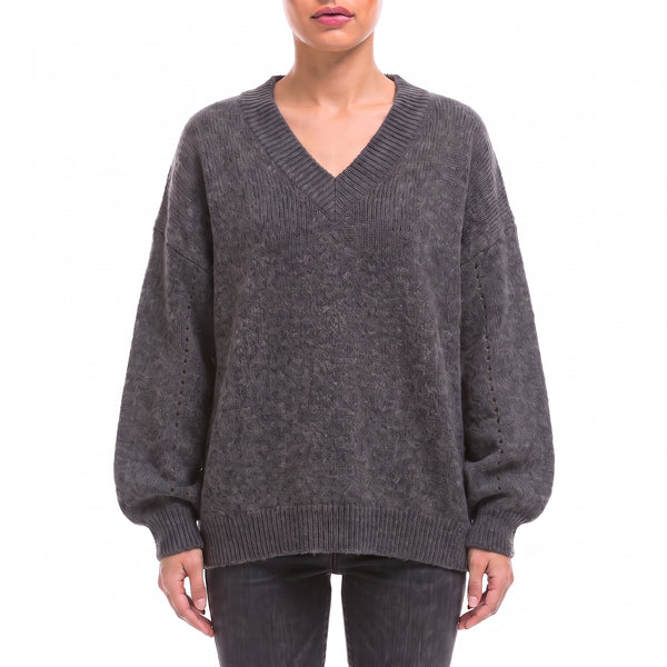 Harper Oversized V-Neck Knit Sweater in Gray - front view with wide ribbed V-neck and balloon sleeves