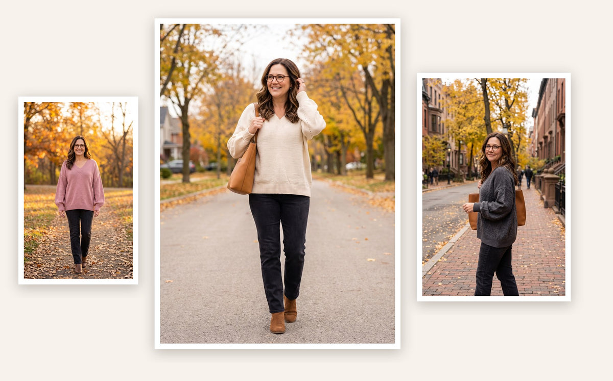 Three fall looks with the Harper sweater: park walk, coffee, city street