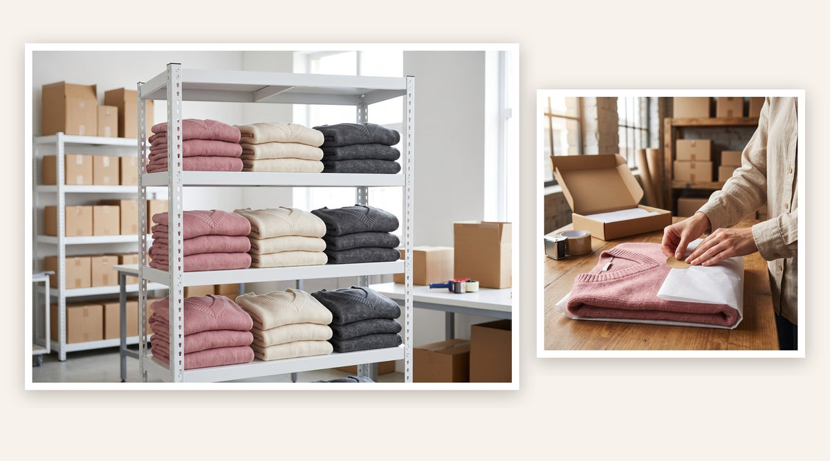 Folded Harper sweaters on a warehouse shelf and a sweater wrapped in tissue paper