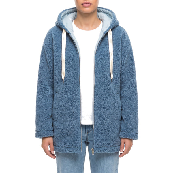 Juniper Sherpa Hooded Jacket in Denim Blue - front view worn open over a white tee