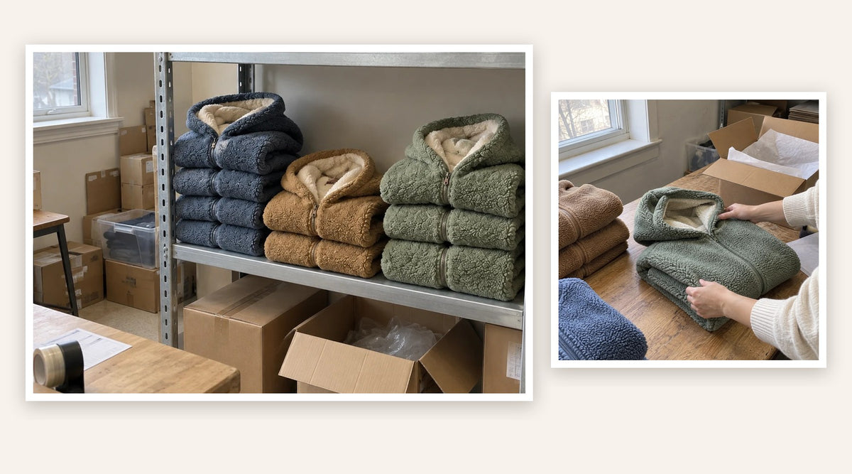Juniper jackets in our warehouse - collage