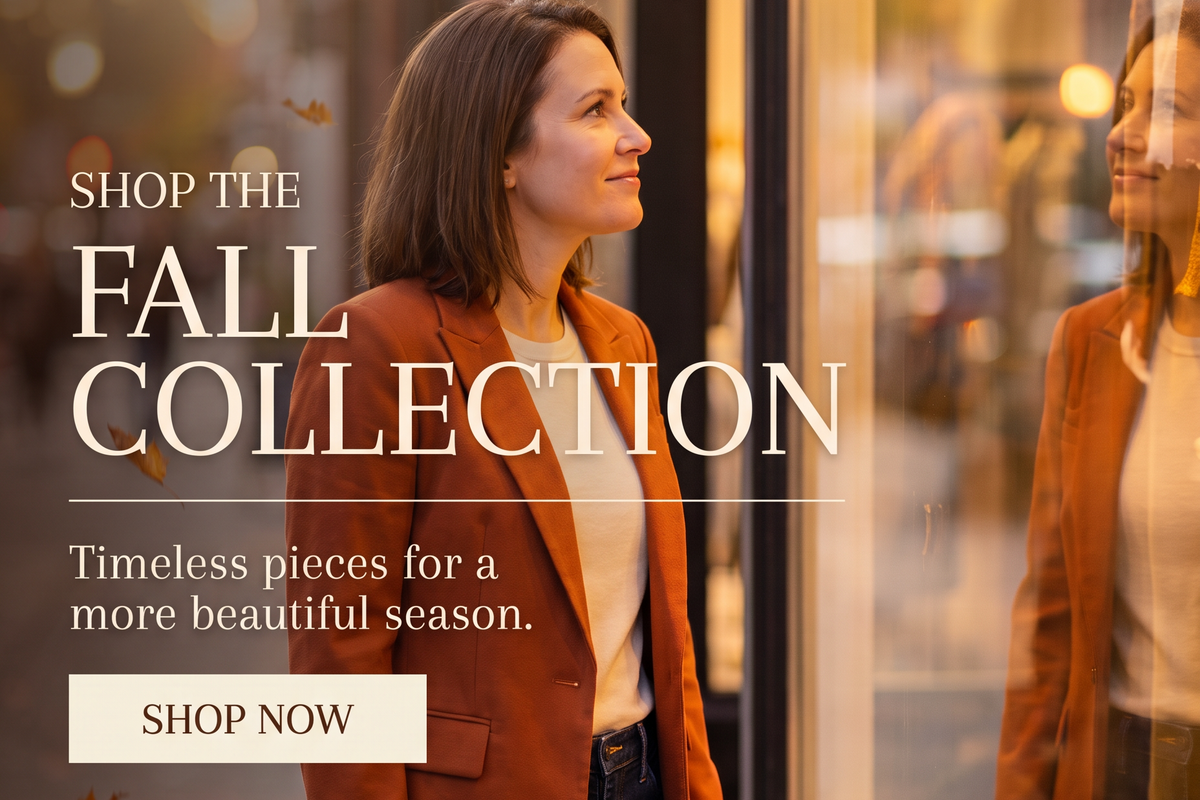 Shop the Fall Collection - woman in rust blazer at a boutique window