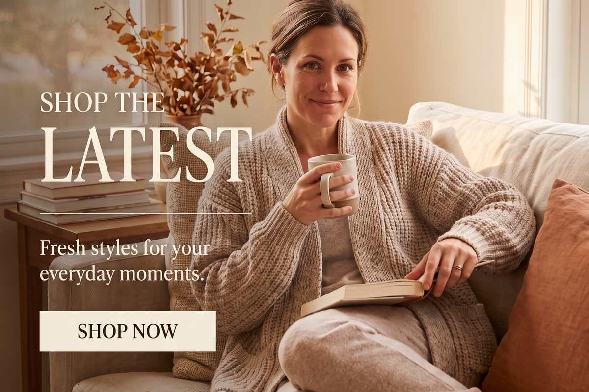 Shop the Latest - woman cozy on the sofa with tea and a book