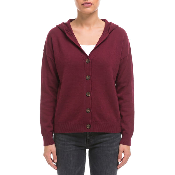 Willow Hooded Knit Cardigan in Burgundy - front view, buttoned, with hood