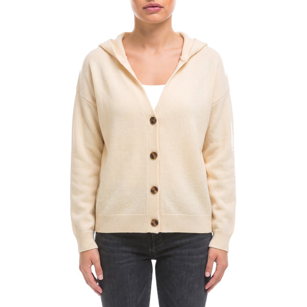 Willow Hooded Knit Cardigan in Cream - front view, buttoned, with hood
