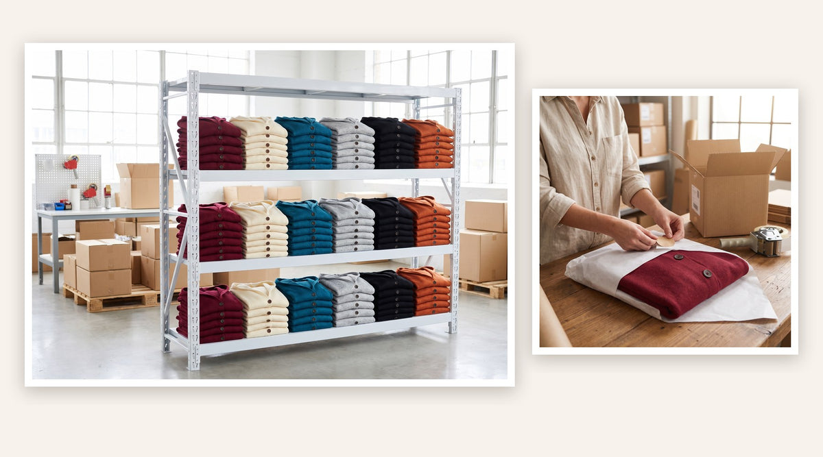 Willow cardigans in our warehouse - collage